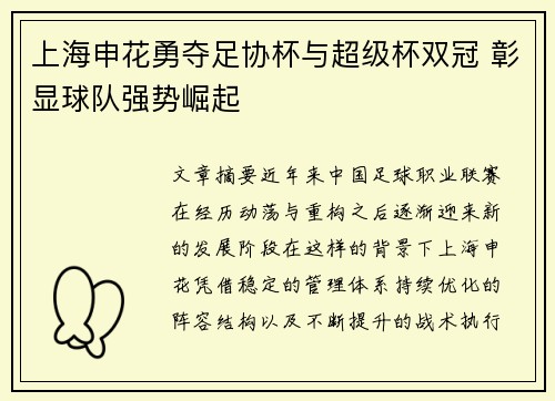 上海申花勇夺足协杯与超级杯双冠 彰显球队强势崛起