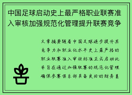 中国足球启动史上最严格职业联赛准入审核加强规范化管理提升联赛竞争力 中国足球启动史上最严格职业联赛准入审核加强规范化管理提升联赛竞争力